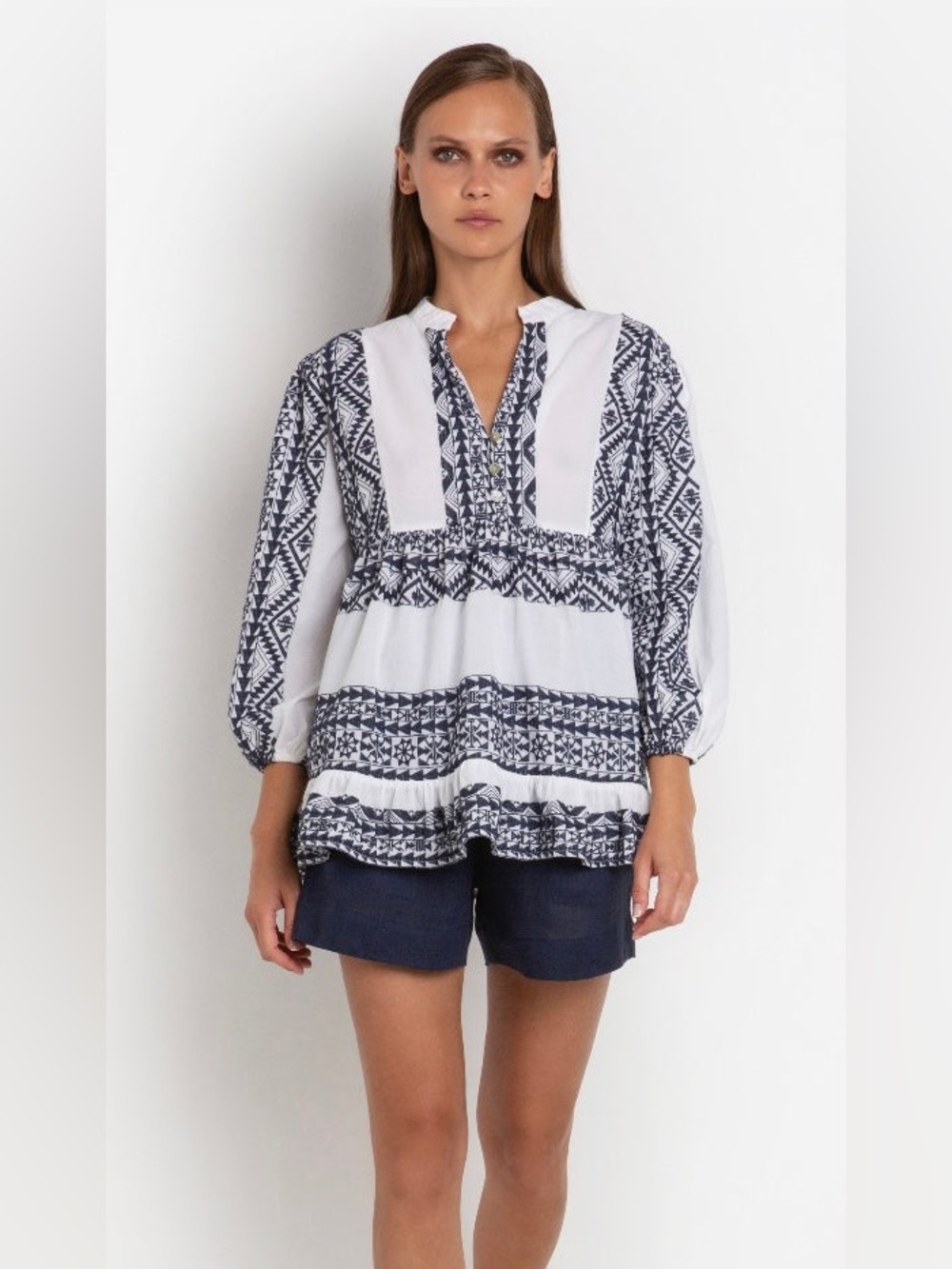 Greek Achaic Kori White & Navy Printed Peasant Blouse - Women's Top XS